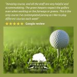 The image shows a picture of a golf tee and ball with a quote from a Google review praising the course.