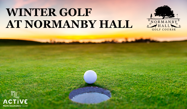 image shows a winter golf course with the text winter golf at Normanby hall
